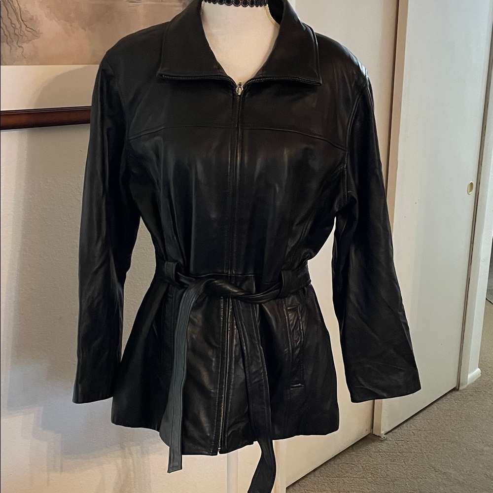 Jacqueline Ferrar Black Leather Belted Jacket Genuine Lambskin Petite Large